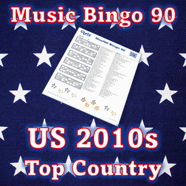 Musikk bingo med 90 country sanger fra 2010 tallet som har vært høyt på Billboard listen i USA. PDF fil med 100 bingobrett og link til Spotify spilleliste.