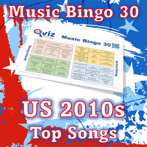 Musikk bingo med 30 sanger fra 2010 tallet som har ligget øverst på Billboard listen i USA. PDF fil med 100 bingobrett og link til Spotify spilleliste.