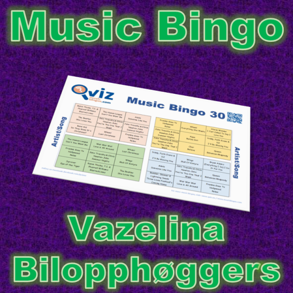 Musikk bingo med 30 låter av Vazelina Bilopphøggers. Test dine venner og bli kjent med artisten. PDF fil med 100 bingobrett og link til Spotify spilleliste.