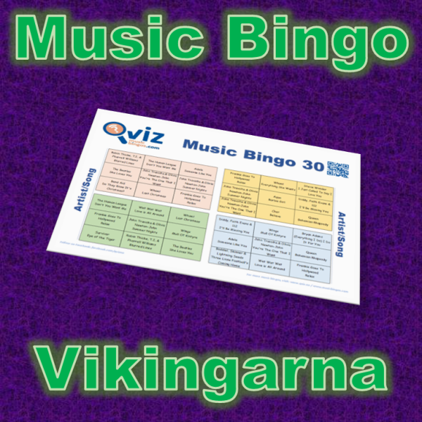Musikk bingo med 30 sanger av Vikingarna. Test dine venner og bli kjent med artisten. PDF fil med 100 bingobrett og link til Spotify spilleliste.