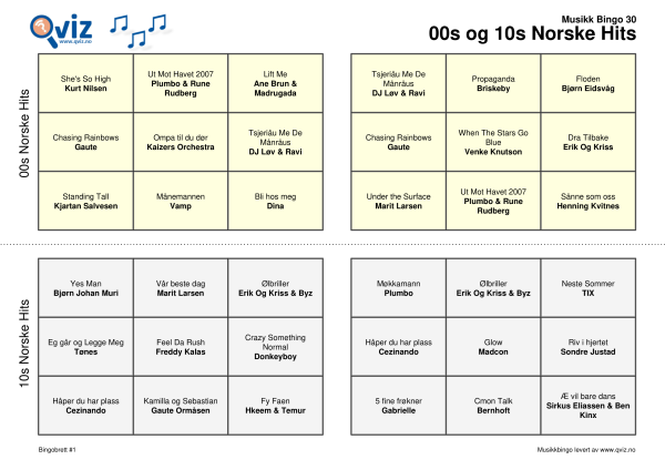 00s og 10s norske hits musikk bingo 2i1 bingobrett