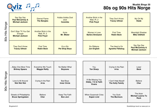 80s og 90s Hits Norge Musikk Bingo 2i1 bingobrett
