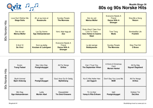80s og 90s Norske Hits Musikk Bingo 2i1 bingobrett
