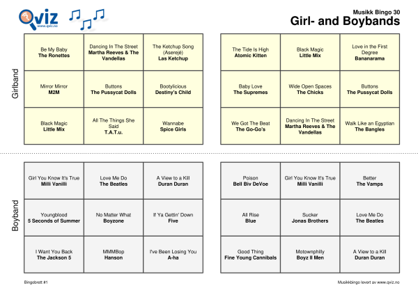 Girl and Boybands musikk bingo 30 2i1 bingobrett