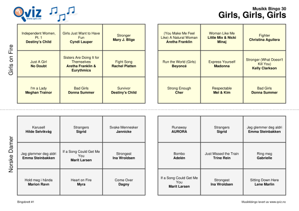 Girls, Girls, Girls musikk bingo 30 2i1 bingobrett