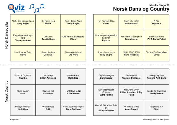 Norsk dans og country musikk bingo 30 2i1 bingobrett