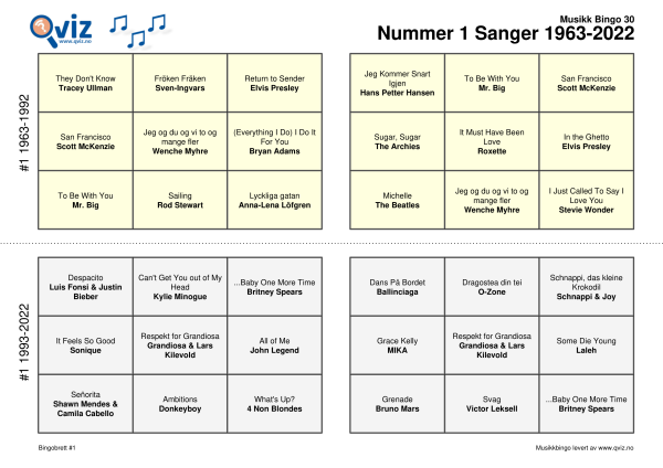 Nummer 1 Sanger 1963-2022 Musikk Bingo 30 2i1 bingobrett