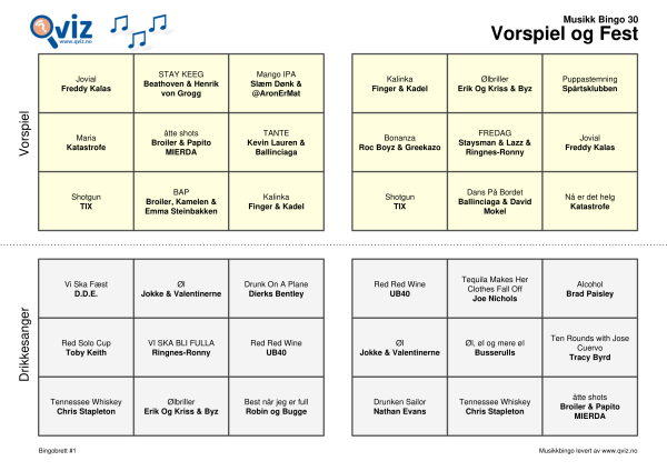 Vorspiel og Fest Musikk Bingo 30 2i1 bingobrett