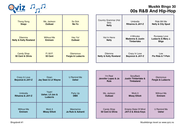 00s R&B And Hip-Hop Musikk Bingo 30 bingobrett