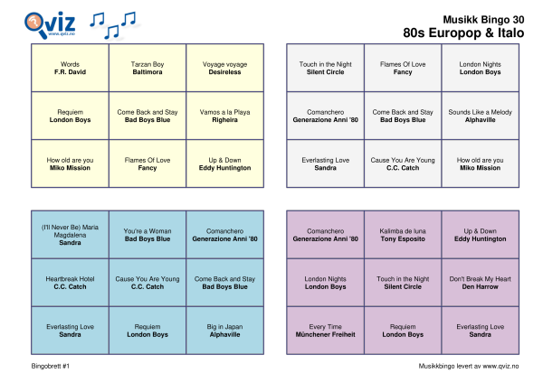 80s Europop & Italo Musikk Bingo 30 bingobrett