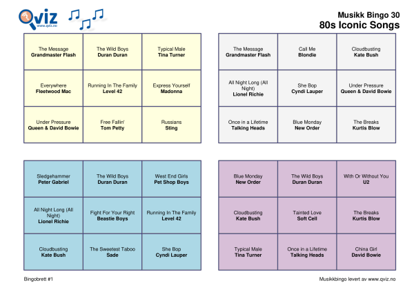 80s Iconic Songs Musikk Bingo 30 bingobrett