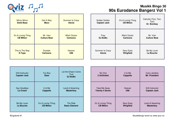 90s Eurodance Bangerz Vol 1 Musikk Bingo 30 bingobrett