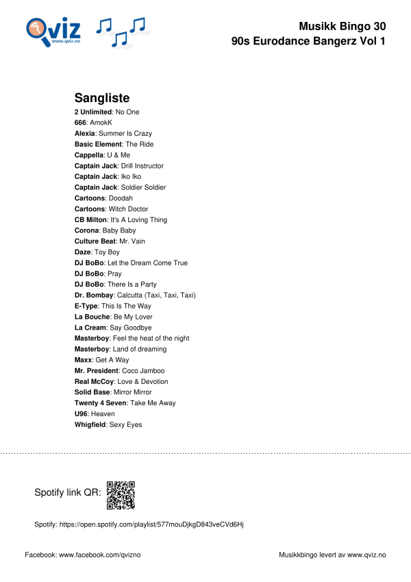 90s Eurodance Bangerz Vol 1 Musikk Bingo 30 sangliste