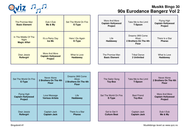 90s Eurodance Bangerz Vol 2 Musikk Bingo 30 bingobrett
