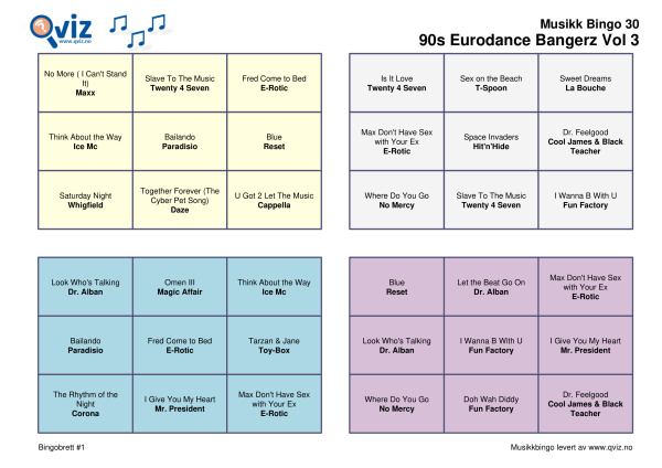 90s Eurodance Bangerz Vol 3 Musikk Bingo 30 bingobrett