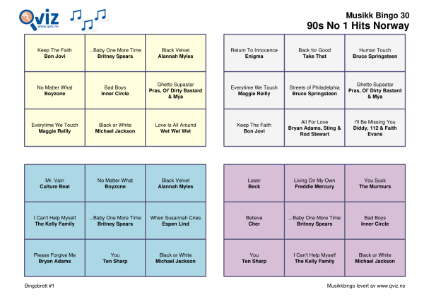 90s No 1 Hits Norway Musikk Bingo 30 bingobrett