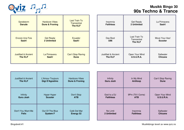 90s Techno & Trance Musikk Bingo 30 bingobrett