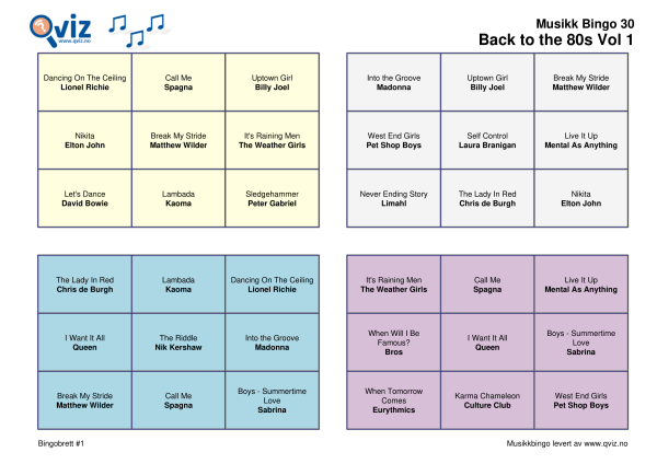 Back To The 80s Musikk Bingo 30 Vol 1 bingobrett