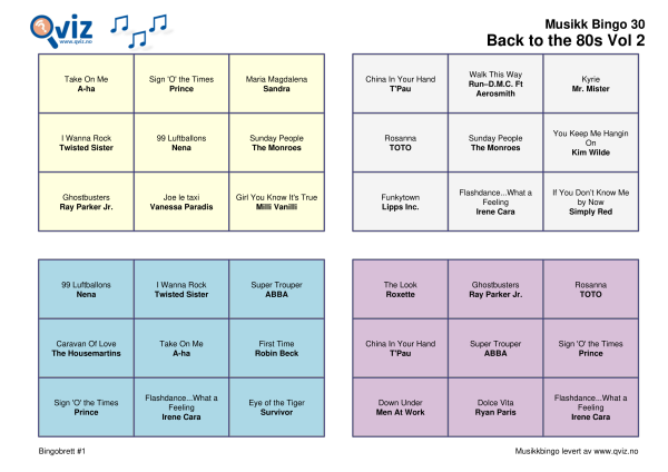 Back To The 80s Musikk Bingo 30 Vol 2 bingobrett