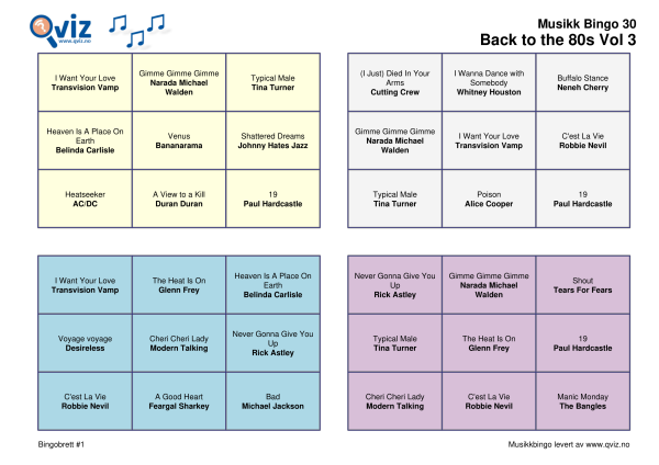 Back To The 80s Musikk Bingo 30 Vol 3 bingobrett