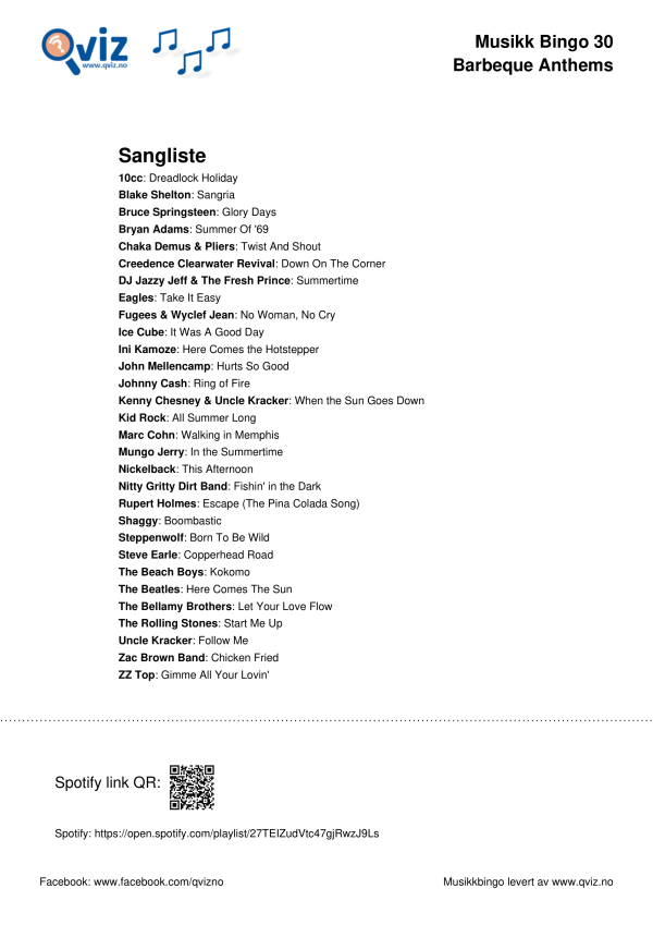 Barbeque Anthems Musikk Bingo 30 sangliste