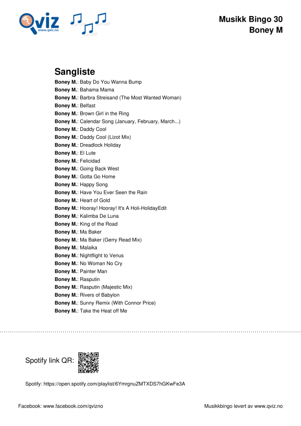 Boney M musikk bingo 30 sangliste