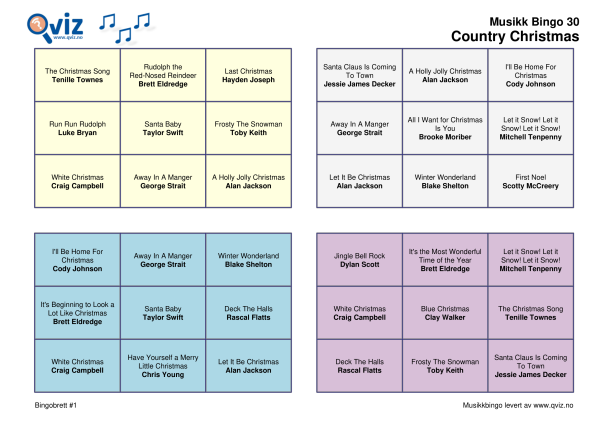 Country Christmas Musikk Bingo 30 bingobrett
