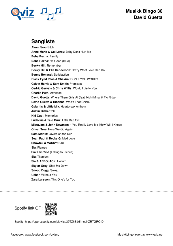 David Guetta musikk bingo 30 sangliste
