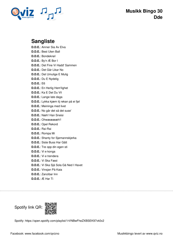 DDE musikk bingo 30 sangliste