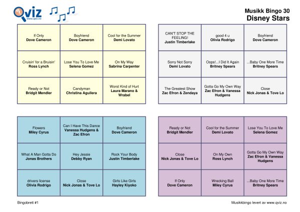 Disney Stars Musikk Bingo 30 bingobrett