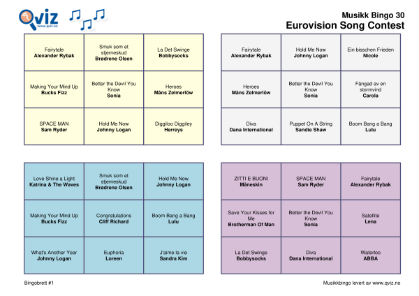 Eurovision Song Contest Musikk Bingo 30 bingobrett