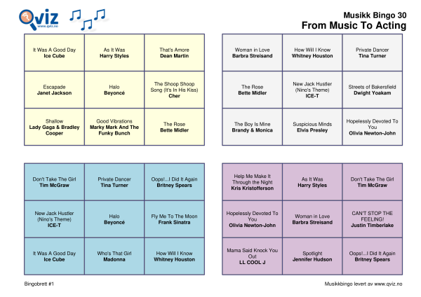 From Music to Acting musikk bingo 30 bingobrett
