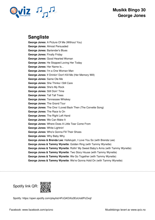 George Jones musikk bingo 30 sangliste