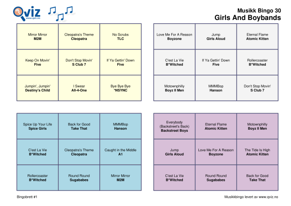 Girls And Boybands Musikk Bingo 30 bingobrett