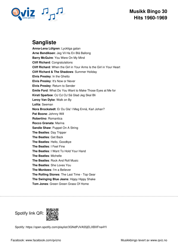 Hits 1960-1969 musikk bingo 30 sangliste