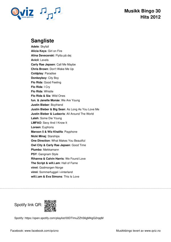 Hits 2012 Musikk Bingo 30 sangliste