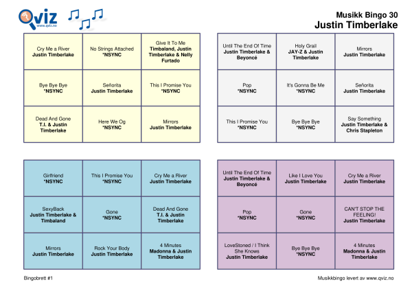 Justin Timberlake Musikk Bingo 30 bingobrett