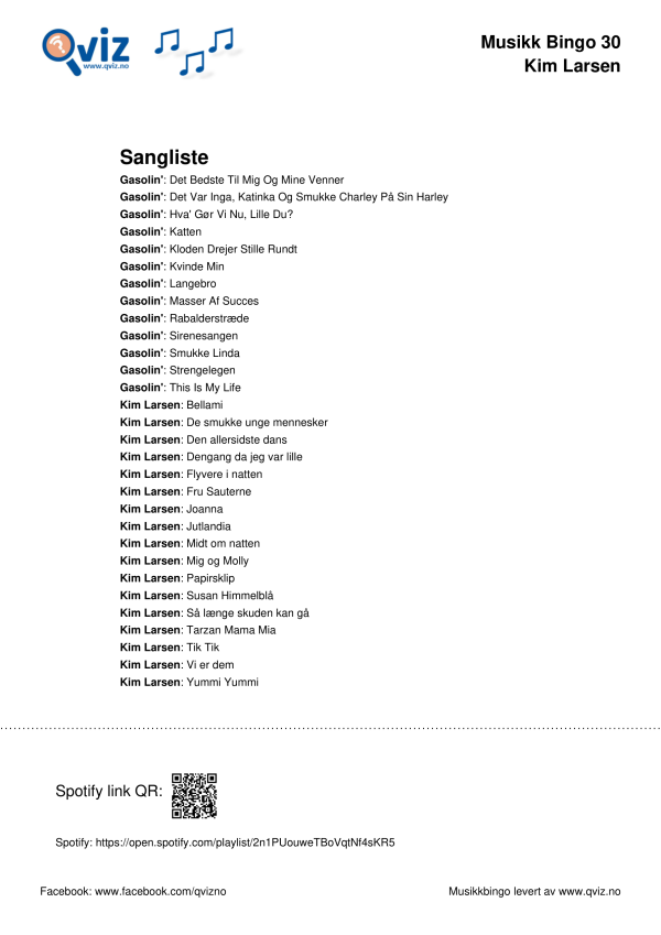 Kim Larsen Musikk Bingo 30 spilleliste