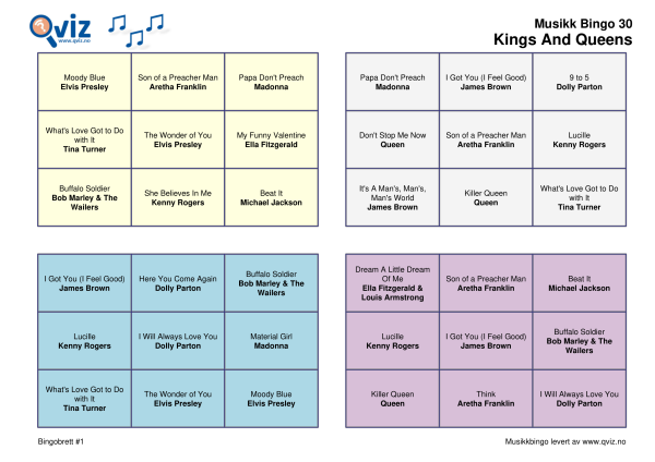 Kings And Queens Musikk Bingo 30 bingobrett