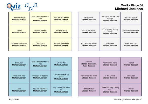 Michael Jackson Musikk Bingo 30 bingobrett