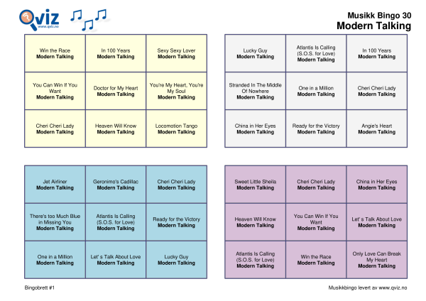 Modern Talking Musikk Bingo 30 bingobrett
