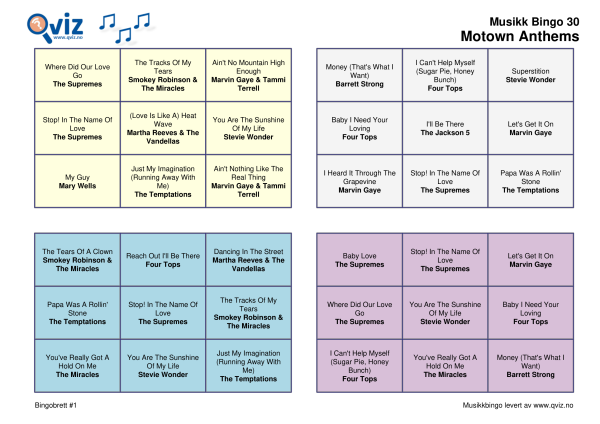 Motown Anthems Musikk Bingo 30 bingobrett