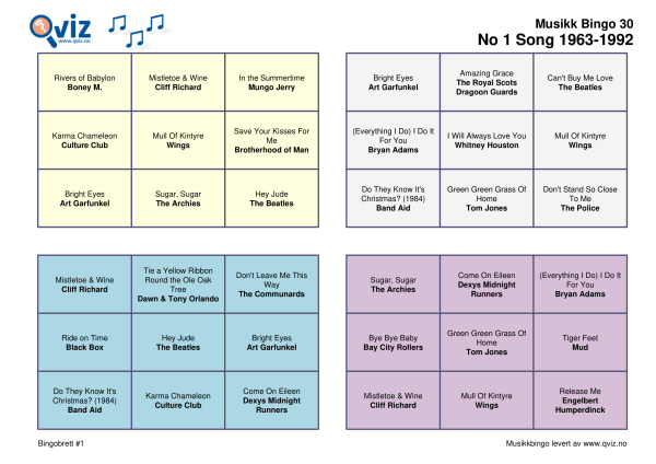 No 1 Song 1963-1992 Musikk Bingo 30 bingobrett