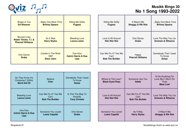 No 1 Song 1993-2022 Musikk Bingo 30 bingobrett