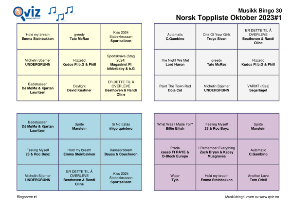 Norsk Toppliste Oktober 2023-1 Musikk Bingo 30 bingobrett