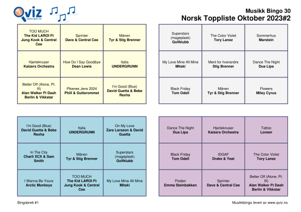 Norsk Toppliste Oktober 2023-2 Musikk Bingo 30 bingobrett