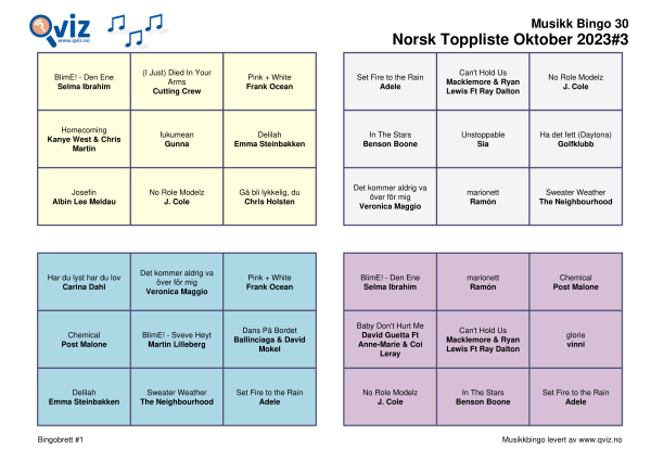 Norsk Toppliste Oktober 2023-3 Musikk Bingo 30 bingobrett