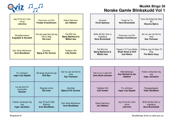 Norske Gamle Blinkskudd Vol 1 Musikk Bingo 30 bingobrett