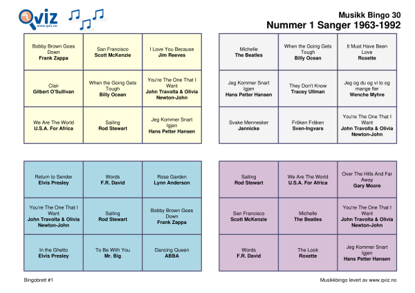 Nummer 1 Sanger 1963-1992 Bingo 30 bingobrett