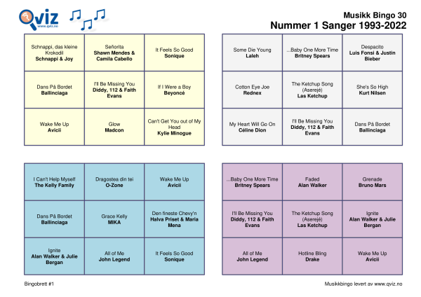 Nummer 1 Sanger 1993-2022 Musikk Bingo 30 bingobrett